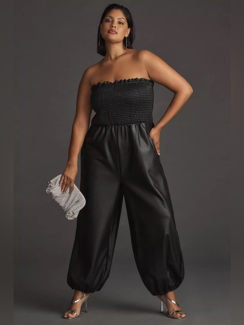 Anthropologie Faux Leather Strapless Jumpsuit Balloon Leg | Size XLP